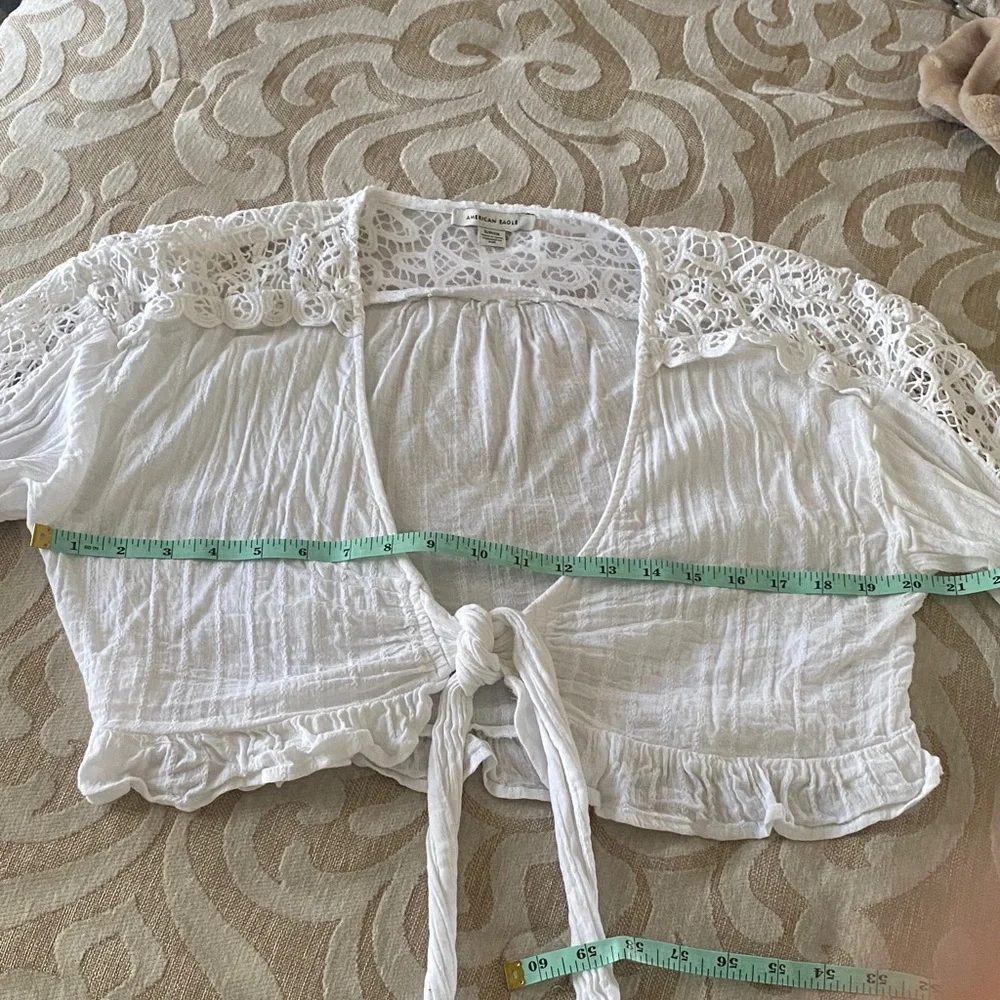 American Eagle White Lace Tie Front Shrug Boho Cropped Cardigan Small - Picture 7 of 10